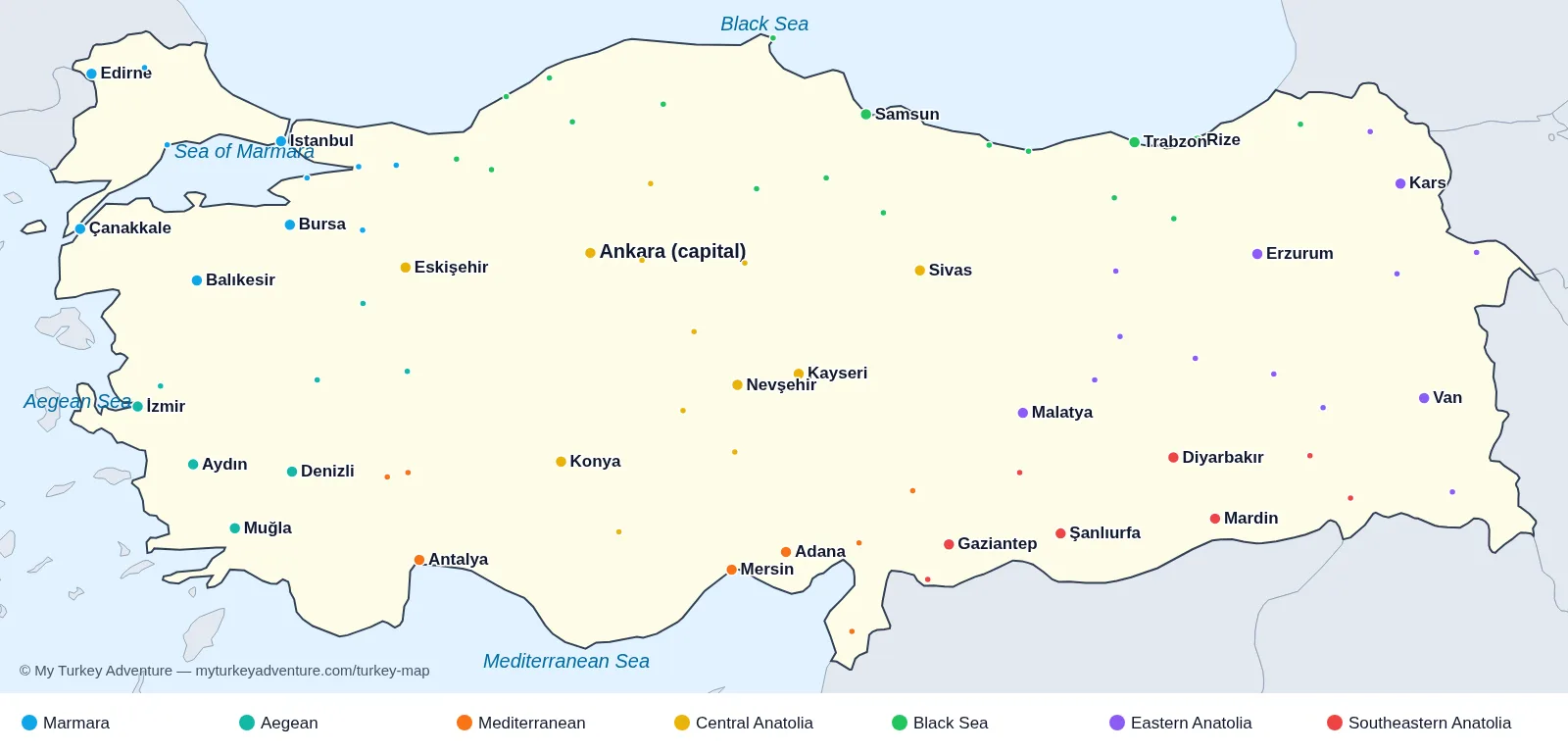 Map of Turkey showing all 81 provincial capitals, the 7 regions, Istanbul, the capital Ankara and the surrounding seas